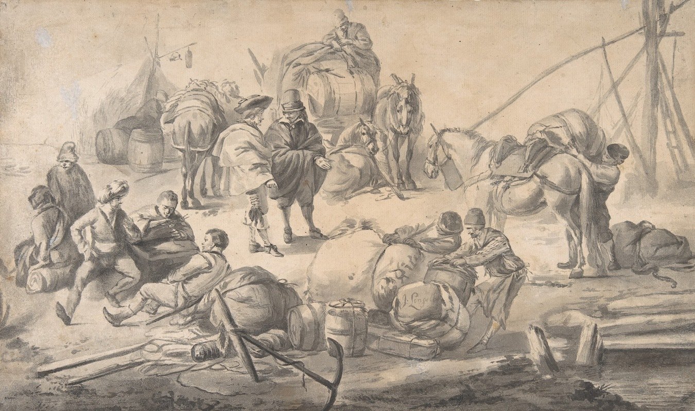 码头边的人物`Figures at a Quayside (mid~17th century) by Johannes Lingelbach