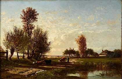 带课程的景观水`Paysage avec cours deau (1856) by Émile Lambinet