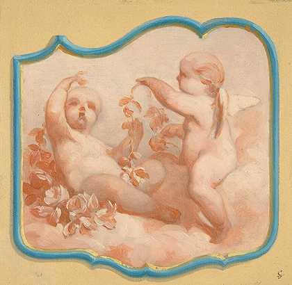 两个普蒂坐在云上`Two putti seated on clouds (19th Century) by Jules-Edmond-Charles Lachaise