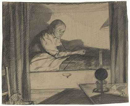 楼上的女人，坐在床上（初稿）`Vrouw Hogerhuis, zittend in bed (eerste ontwerp) (1899) by Richard Nicolaüs Roland Holst