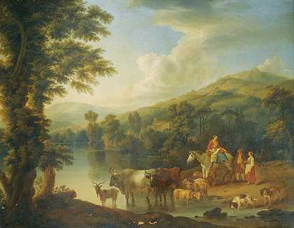 树木繁茂的河流景观，一个女人骑着灰色的马，动物们在浇水`A Wooded River Landscape With A Woman On A Grey Horse With Animals Watering (1771) by Jakob Philipp Hackert