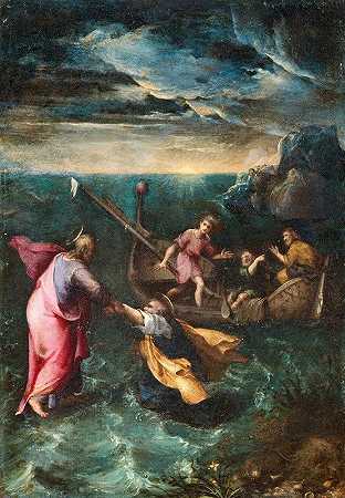 基督平息了加利利海上的风暴`Christ calming the storm on the Sea of Galilee by Circle of Gerolamo Muziano
