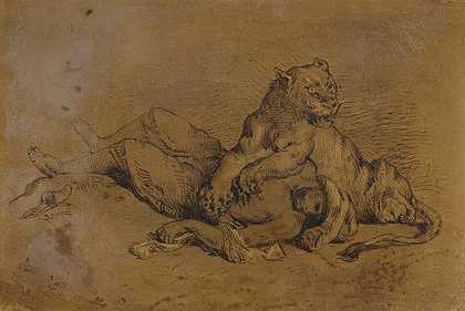 德拉克罗瓦事件后，狮子撕碎阿拉伯人的胸部`Lionne déchirant la poitrine d’un Arabe, after Delacroix by Antoine-Louis Barye