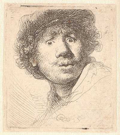 伦勃朗戴着帽子，张着嘴，目不转睛地看着半身像`Rembrandt in a cap, open mouthed and staring; bust in outline (1630) by Rembrandt van Rijn