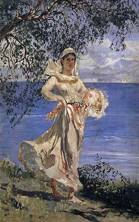 湖岸上身材丰满的年轻女子（迪亚曼蒂娜）`Young Woman in Full Figure at a Lake~shore (Diamantina) (1884) by Frank Buchser