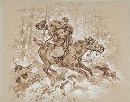 猎犬猎人`Hunter with hounds (1887) by Juliusz Kossak