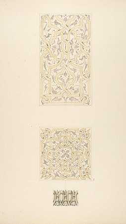 三种装饰图案，分别为条纹图案、条纹图案、蛋形图案和省道图案`Three designs for decorative motifs in strapwork, rinceaux, and egg~and~dart patterns (1830–97) by Jules-Edmond-Charles Lachaise