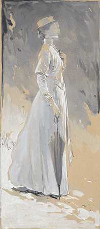 白衣少女辛西娅小姐有十字架的房子`Young woman in white; Miss Cynthia – Illustration for The House with Cross by John White Alexander