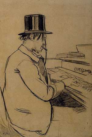 埃里克·萨蒂演奏口琴的画像`Portrait of Erik Satie Playing the Harmonium (1891) by Santiago Rusiñol