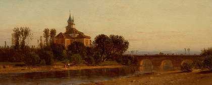 带桥梁和教堂的欧洲河景`European River View with Bridge and Church by Samuel Colman