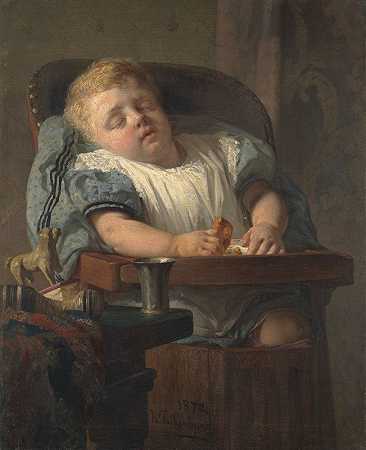 坐在高椅子上的孩子`Child in high chair (1872) by Hendrik Valkenburg