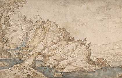 有一条通往山上定居点的道路的景观`Landscape with a Road Leading Towards a Settlement on a Hill (late 16th–mid 17th century) by Joos de Momper the Younger