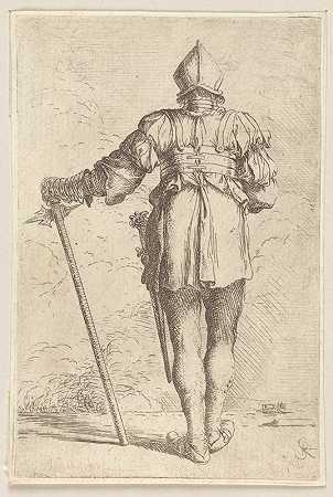 士兵站着，从后面看，戴着头盔，手里拿着拐杖`Soldier, Standing, Seen From Behind, in a Helmet, Holding a Cane (1656 ~ 1657) by Salvator Rosa