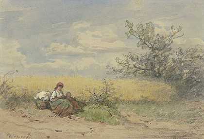 农夫带着孩子在成熟的玉米地前休息`Bäuerin mit Kind vor einem reifen Kornfeld ruhend by PHILIPP RUMPF