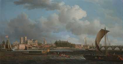 来自兰贝斯的威斯敏斯特，以及五金商的仪式驳船公司`Westminster from Lambeth, with the Ceremonial Barge of the Ironmongers Company (ca. 1745) by Samuel Scott