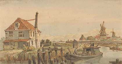带着一艘船、一栋房子和两个风车航行`Vaart met een boot, een huis en twee molens (1801 ~ 1873) by George Pieter Westenberg