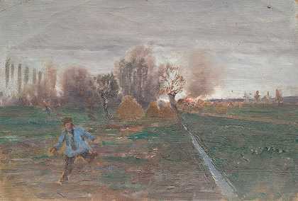 燃烧农场的景观`Landschaft mit brennendem Gehöft by Anton Nowak