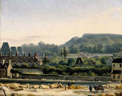 景观圣路易斯和巴特斯乔蒙特医院`Vue de Lhôpital Saint~Louis et des Buttes~Chaumont (1830) by Hippolyte-Benjamin Adam