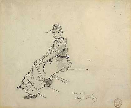 坐在台阶上的女孩`Girl Seated on a Step (1879) by Winslow Homer