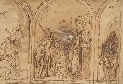 带有两位圣徒崇拜的三联画设计`A Design for a Triptych with the Adoration of the Two Saints (early 17th century) by Jan Simonsz. Pynas
