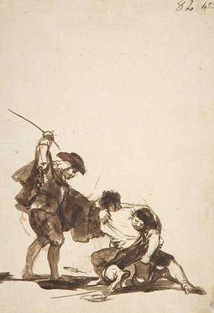 一个举着鞭子的男人在两个人之间打斗`A man with a raised whip breaking up a fight between two figures (ca. 1812–20) by Francisco de Goya