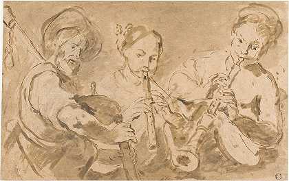 三位音乐家吹喇叭和吹笛`Three Musicians Playing Horns and Pipe by After Bernardo Strozzi
