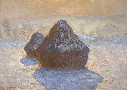 干草堆-雪效应`Haystacks~ Snow Effect (1891) by Claude Monet