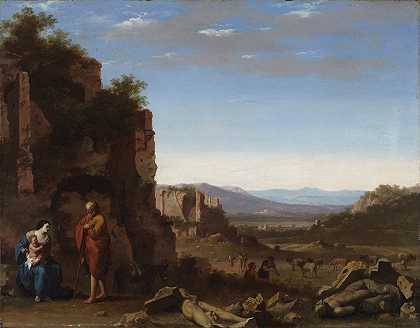 其余的人在飞往埃及的航班上`The Rest on The Flight into Egypt (circa 1630~1640) by Cornelis van Poelenburgh