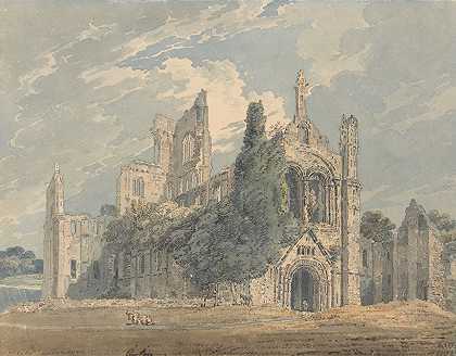 西北部的柯克斯塔尔修道院。`Kirkstall Abbey from the N.W. (ca. 1792) by Thomas Girtin