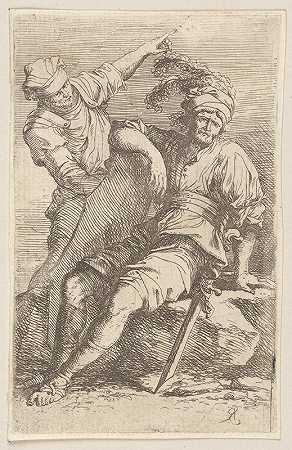 两个士兵，一个拿着剑和盾牌`Two Soldiers, One seated with Sword and Shield (1656 ~ 1657) by Salvator Rosa