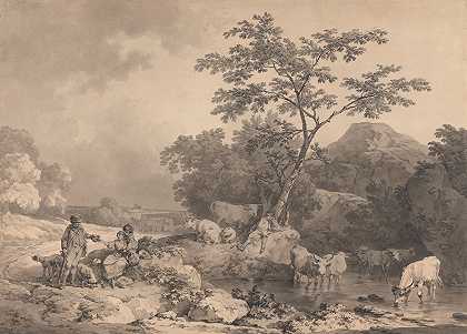 数字`Figures by a stream with cattle watering by a stream with cattle watering by Philippe-Jacques de Loutherbourg