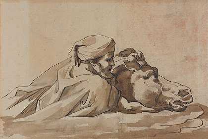 一个男人在水里抓着一匹马，追着普辛s&quot“洪水”（直肠）`Man Clutching a Horse in Water, after Poussins “Deluge” (recto) (c. 1816) by Théodore Géricault