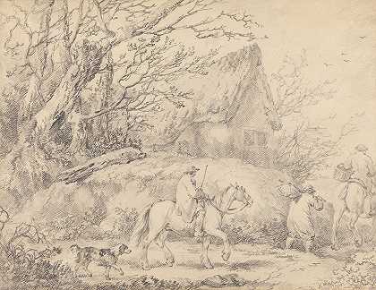 有小屋和马背上的人物的景观`Landscape with Cottage and Figures on Horseback (1793) by George Morland