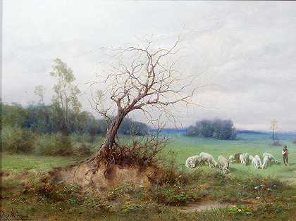 成群的绵羊和牧羊人在广阔的土地上`Schafherde mit Hirten in einer weiten Landschaft by Raimund Ritter von Wichera