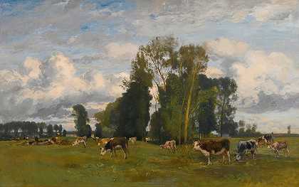 在草地上放牧奶牛`Grazing Cows On A Meadow by Eugen Jettel
