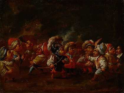 一群穿着盛装的矮人在交谈，准备战斗`A group of costumed dwarfs in conversation and preparing for a battle by Faustino Bocchi
