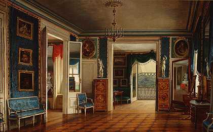 Łazienki宫殿内皇家卧室的屋内`Interior of the royal bedroom in the Palace in Łazienki (1847) by Marcin Zaleski