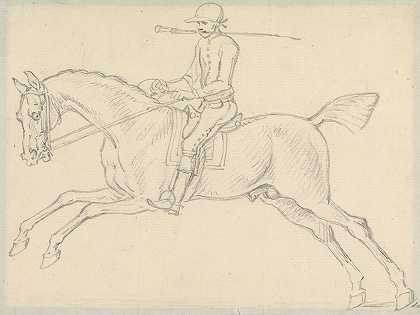 赛马和骑师骑师牙缝里叼着鞭子`Racehorse with Jockey Up; the Jockey Holds a Whip in His Teeth by James Seymour