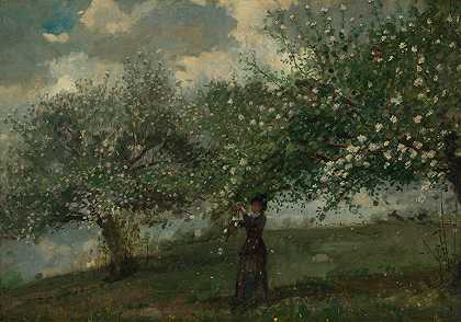 摘苹果花的女孩`Girl Picking Apple Blossoms (1879) by Winslow Homer