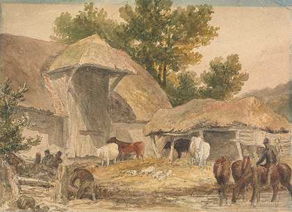 有马等着的农家庭院`Farmyard with Horses Waiting by Robert Hills