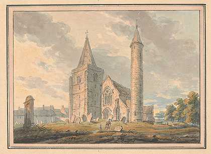 布雷钦大教堂和圆塔，苏格兰福尔法郡`Brechin Cathedral and round tower, Forfarshire, Scotland (1797) by Edward Dayes