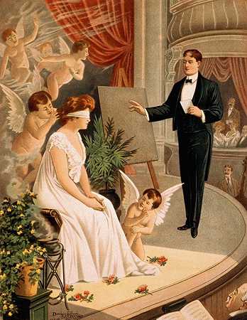舞台上有天使的催眠师和蒙着眼睛的女人`Hypnotist and blindfolded woman with angels on stage (1900) by Donalson Lith. Co