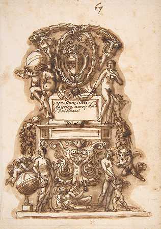 装饰图案`Ornamental Motif Surmounted by a Coat of Arms (1640–50) by a Coat of Arms by Leonardo Scaglia