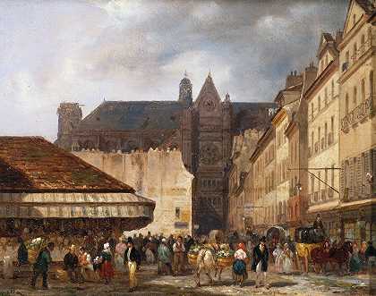 普罗维尔街和圣尤斯塔切教堂`La rue des Prouvaires et léglise Saint~Eustache (1828) by Giuseppe Canella