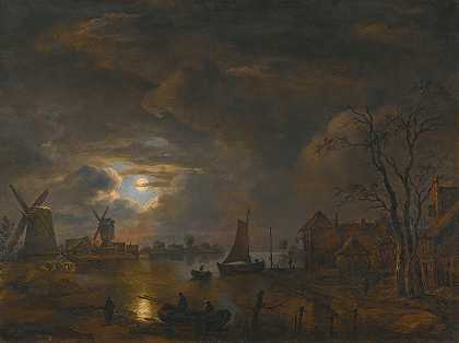 河边有风车的月光景观`A Moonlight Landscape With Windmills Along The Banks Of A River by Follower of Aert van der Neer