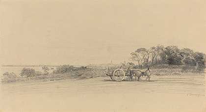 Ile aux Moines带人形和手推车`LIle aux Moines with Figure and Cart (c. 1858) by Eugène Boudin