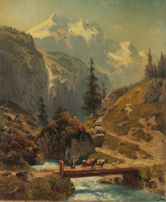 高山上的山涧`Gebirgsbach im Hochgebirge (1873) by Adolf Conrad Mosengel