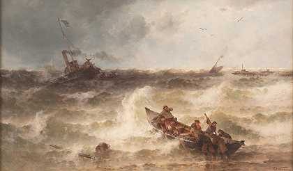 海难`Shipwreck by the pier by the pier by Theodor Alexander Weber