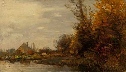 水边小屋的秋季景观`Autumn landscape with a cottage at waterside (between 1890 and 1900) by Roman Kazimierz Kochanowski