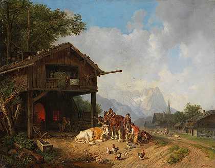 在山上的法里耶`Beim Hufschmied im Gebirge (Ca. 1850) by Heinrich Bürkel